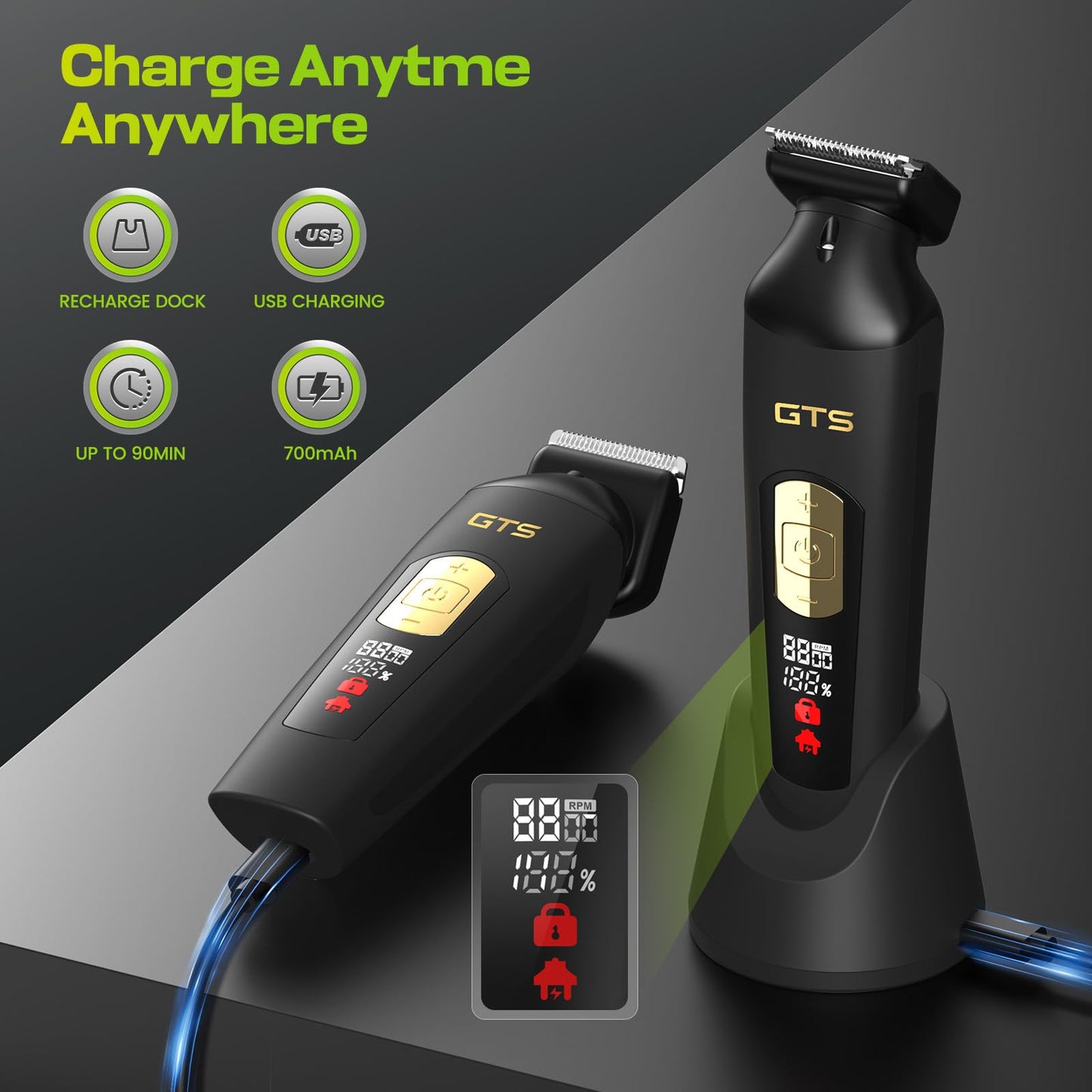 GTS PRO Electric Body Hair Trimmer for Men - Multi-Angle Ceramic Blade with LED Screen & 7000RPM Adjustable Speed, IPX6 Waterproof Pubic/Ball/Groin Shaver Kit, USB/Dock Charging, 90min Runtime, Box