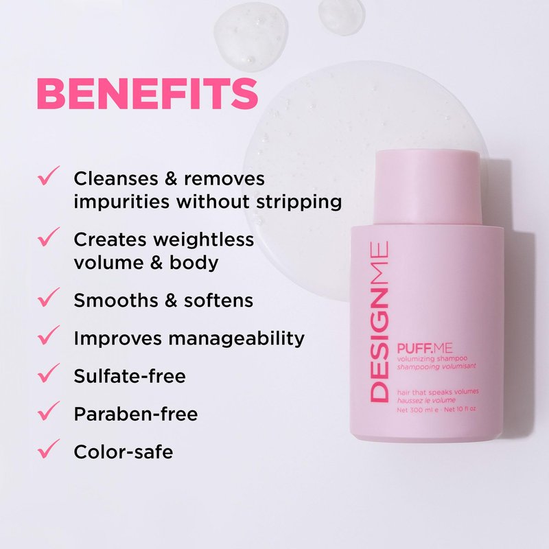 Design.Me PUFF.ME Volumizing Shampoo | Adds Body, Bounce & Volume for Fuller, Thicker Hair| For Fine & Medium Hair | Boosts Shine | Color-Safe, Lightweight Formula | Vegan, Paraben & Sulfate Free