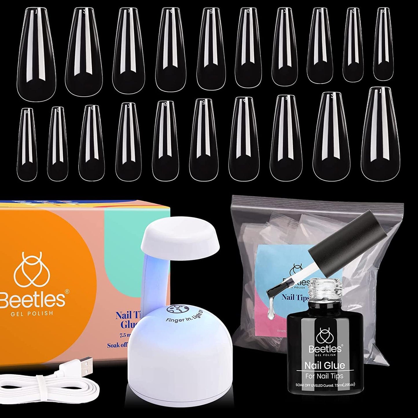 Beetles Gel Nail Kit - 500Pcs Soft Tips, 2 In 1 Glue & Polish, Coffin Shape, UV & Top Coat