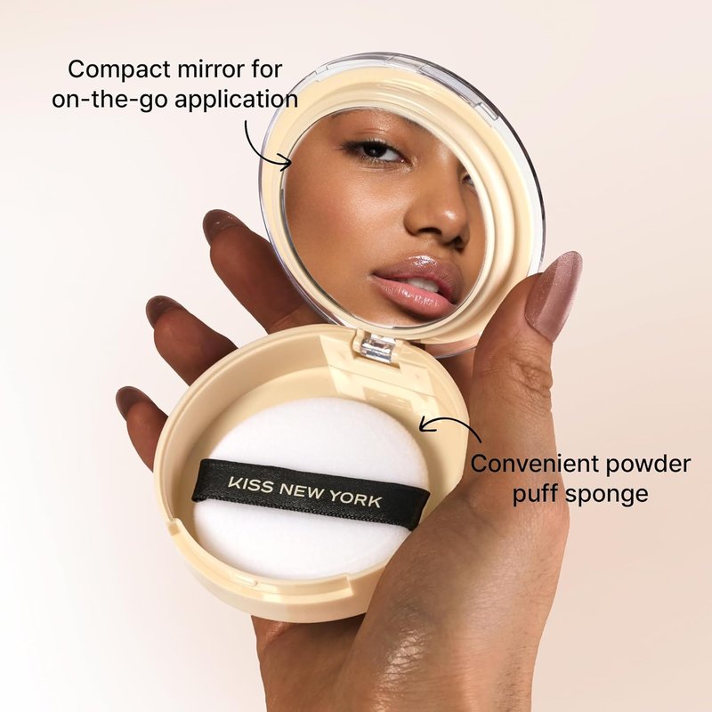 Kiss New York Soft Matte Pressed Powder | Blurring Poreless Makeup with Dual-Ended Brush Set - Deep Honey, Medium Coverage