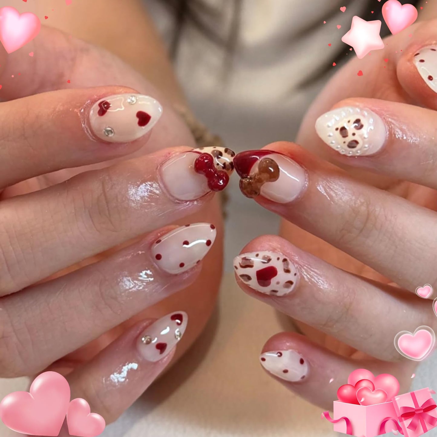 HOSAILY Polka Dot Press on Nails Short Almond, 3D Cute Bow Valentines Fake Nails with Heart Pearl Leopard Design, 24pcs Glossy Red French Rhinestones Glue on Nails, Stick on Nails Press ons for Women