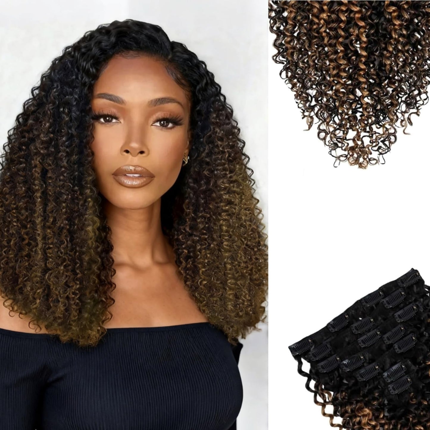 SIYUSI Kinky Curly Clip In Extensions, 14 Inch 3C 4A 100% Brazilian Remy Human Hair Clip Ins, Invisible & Scalp-Friendly, Light Auburn Ombre, 3.52oz, 7Pcs