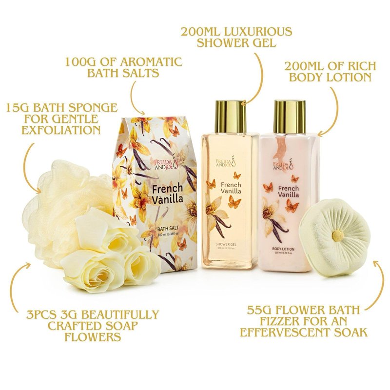 Elegant Bath Set in High Heel Shoe – Luxurious Spa Gift Basket for Women, Includes Shower Gel, Body Lotion, Bath Salts, Soap Flowers, Bath Fizzer & Sponge (French Vanilla) – Mother's