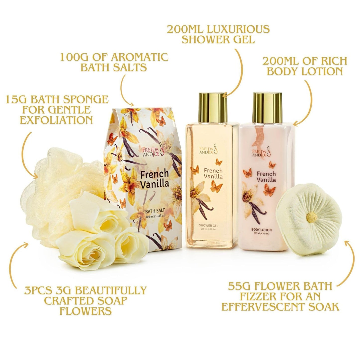 Elegant Bath Set in High Heel Shoe – Luxurious Spa Gift Basket for Women, Includes Shower Gel, Body Lotion, Bath Salts, Soap Flowers, Bath Fizzer & Sponge (French Vanilla) – Mother's