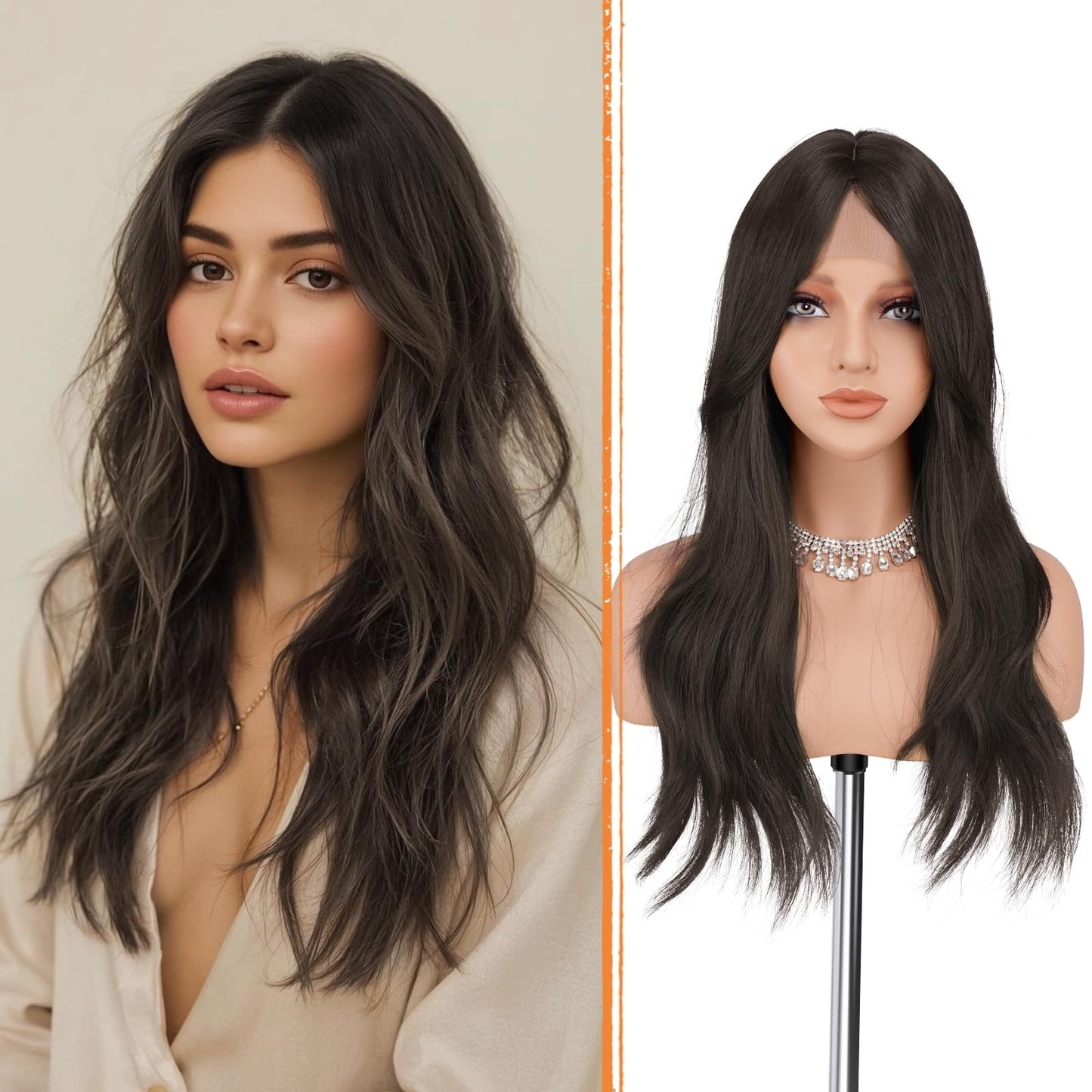 Haloo Brown Wigs with Curtain Bangs - Lace Front Hairline Middle Part Long Layered Natural Looking Wavy Hair Synthetic Women Wig for Daily Party, 22 Inch Dark Brown