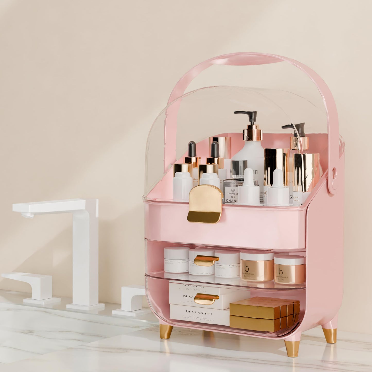 Makeup Organizer Countertop With Lid And Drawers Large Skin Care Cosmetic Display Case Holder for Vanity Desk Bathroom Storage Box,Pink
