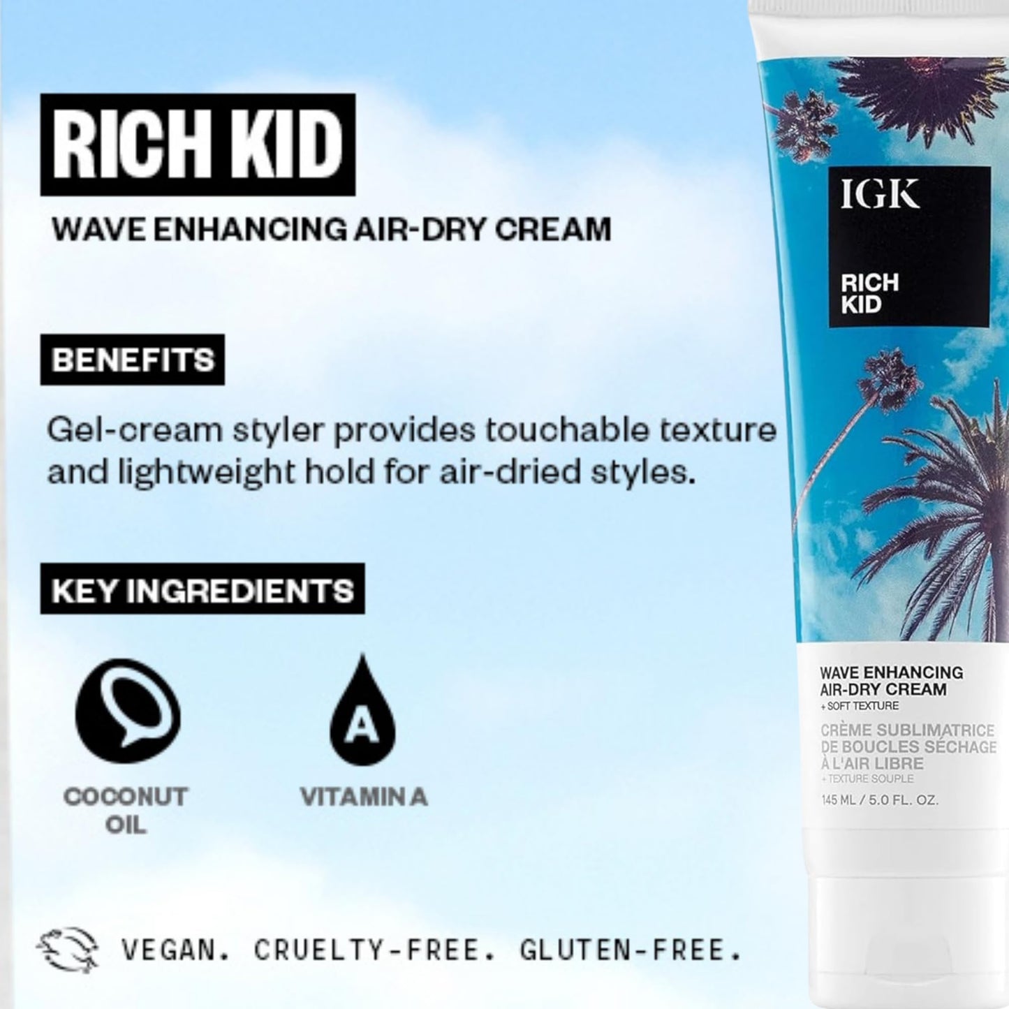 IGK RICH KID Wave Enhancing Air-Dry Cream | Enhances Natural Texture with Soft Hold | Frizz Control with Natural Shine | 5 Oz
