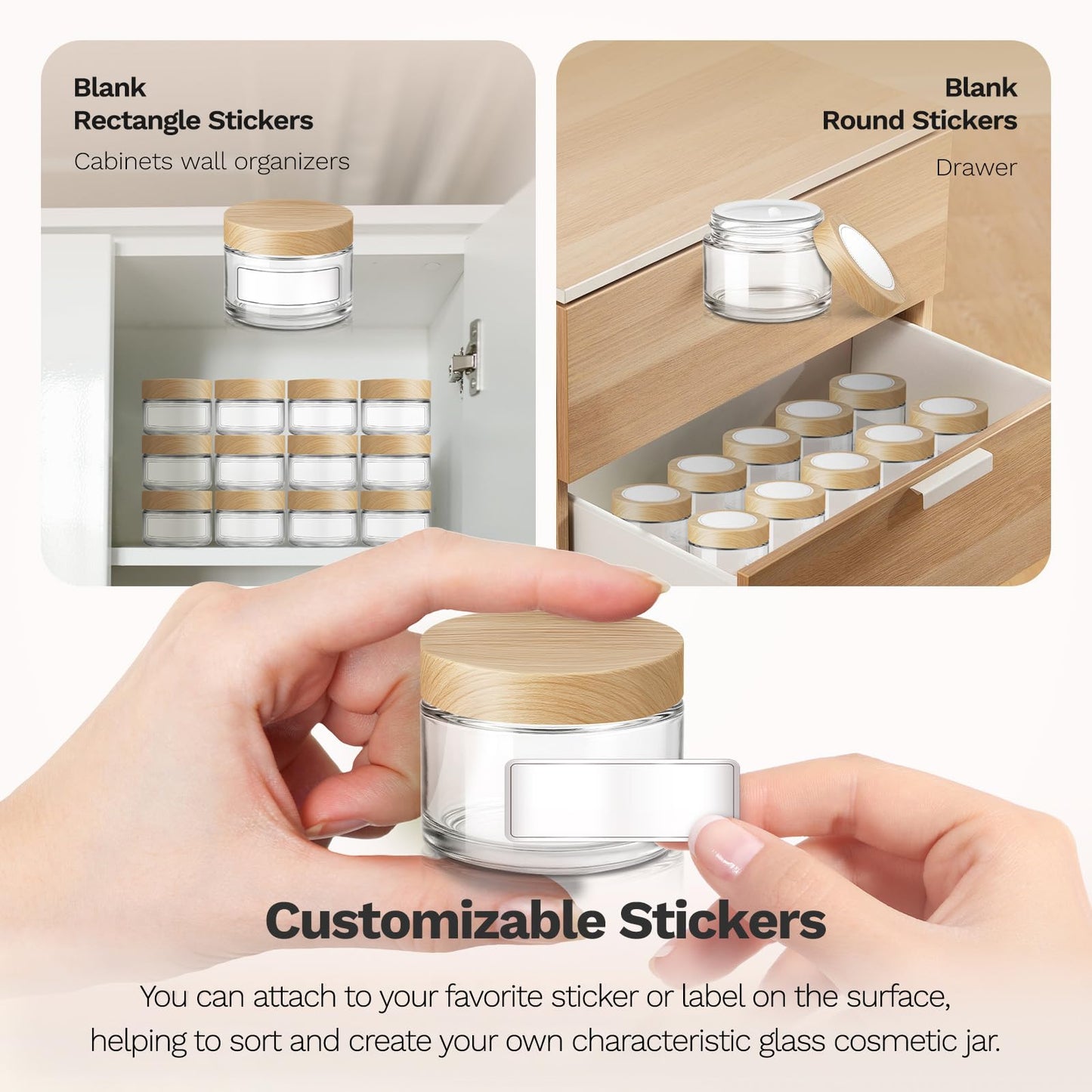 1 oz Glass Jars with Plastic Woodgrain Lids, Bumobum 48 pack Round Clear Cream Jars with Black and White Labels & Inner Liners, Empty Cosmetic Containers for Cream, Lotion, Ointment