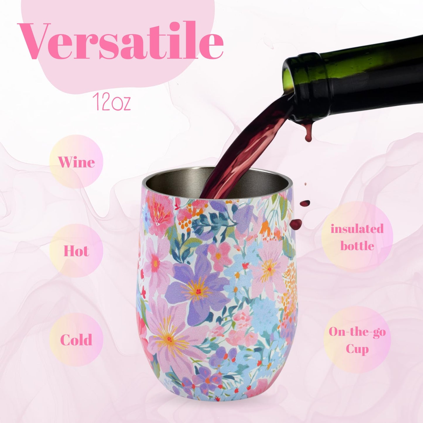 Darleneworld 12oz Vacuum Insulated Wine Tumbler, Stainless Steel Flower Cup with Lid, Womens Birthday Friendship Gifts for Friend Coworkers Teacher Sister Girlfriend Her, Mothers Day Gifts for Mom