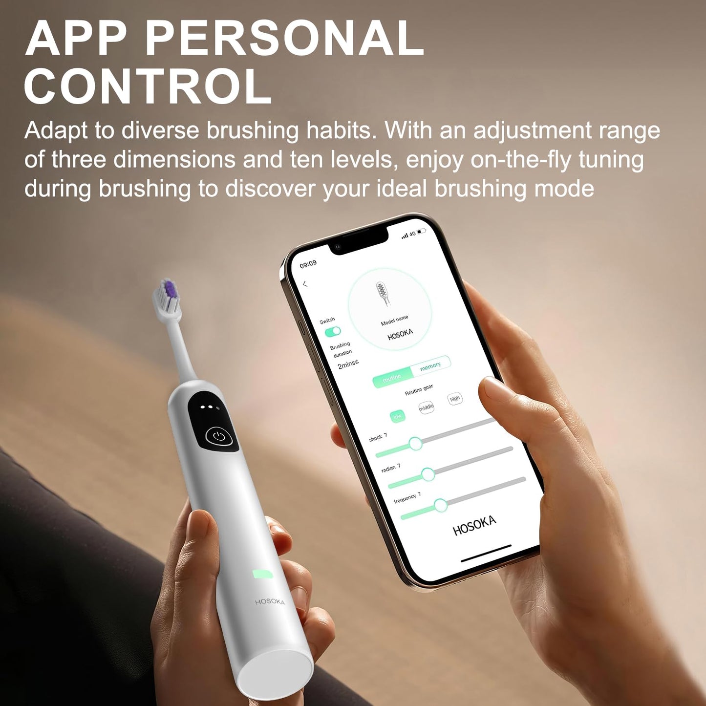 HOSOKA Electric Toothbrush for Adults, 60° Oscillating & Vibration Sonic Electric Toothbrush, Wave Toothbrush with Configurable App, 3 Brush Heads, Magnetic Rechargeable Travel Toothbrush, IPX7