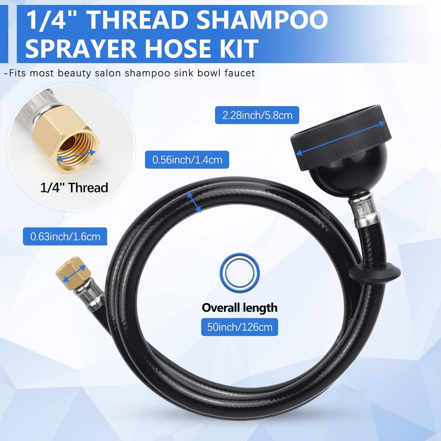 ZKDAUSDO UPC Certified Salon Shampoo Bowl Sprayer Head Hose Kit - 1/4" Thread to Attach Shampoo Bowl Faucet for Barber Shop Spa, Black Rubber Salon Sink Shampoo Bowl Hose Replacement Part