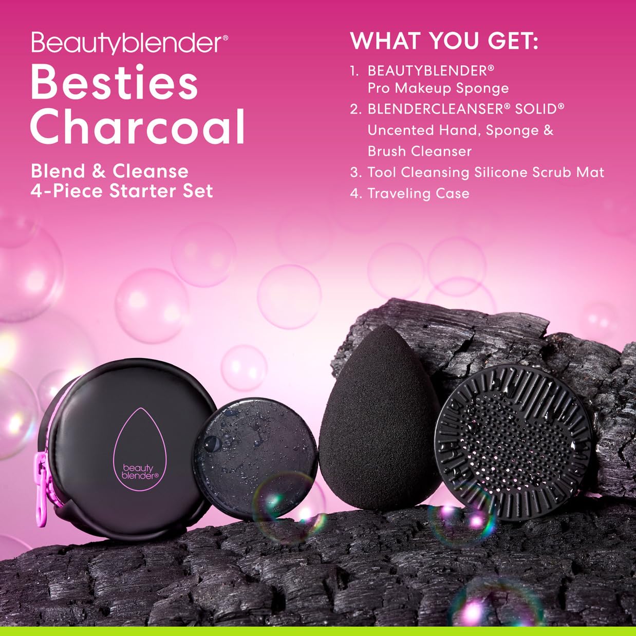 Beautyblender® Charcoal Blend & Cleanse 4-Piece Makeup Sponge Set | Pro Black, Vegan, Travel Case