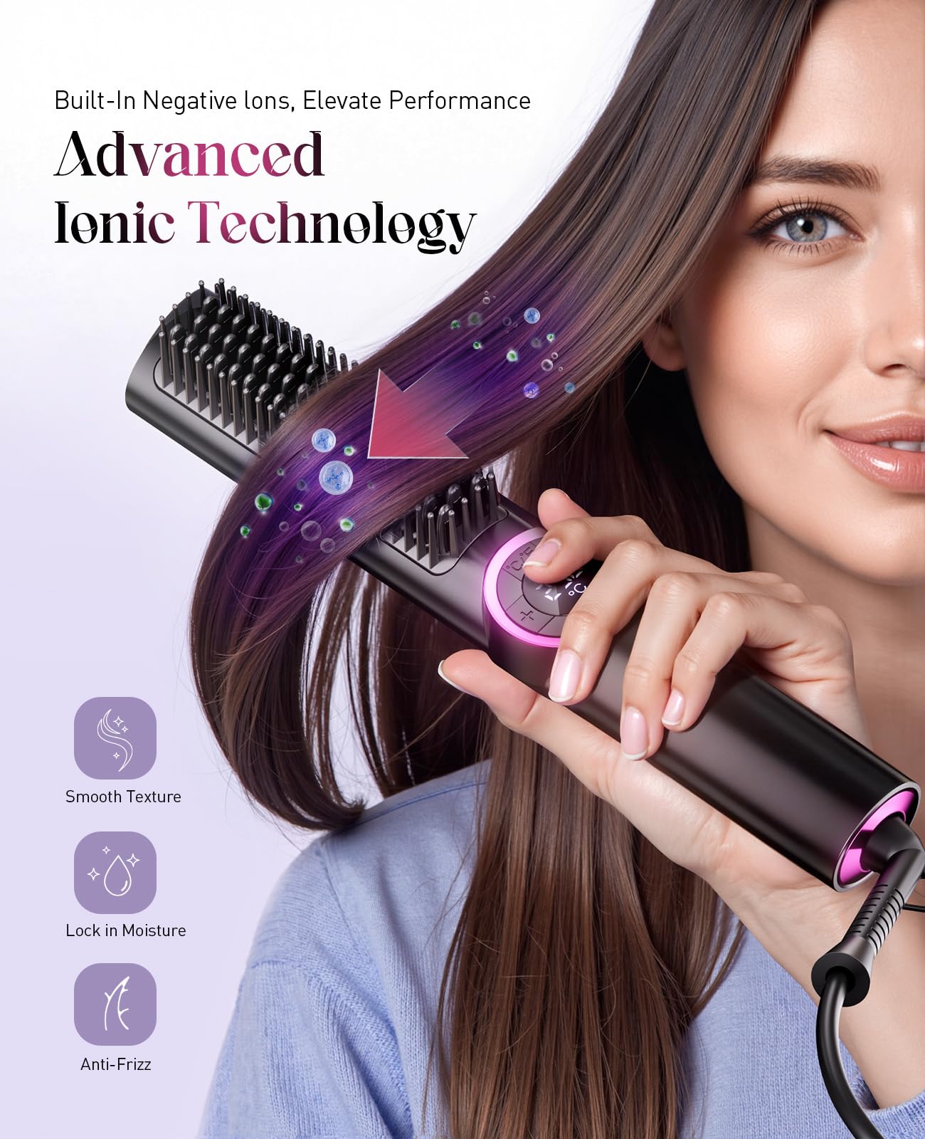 JolinKoin Hair Straightener Brush: Ionic Hair Straighteners for Women with 15 Temps, Straightening Brush Fast Heating with LED Display & Dual Voltage