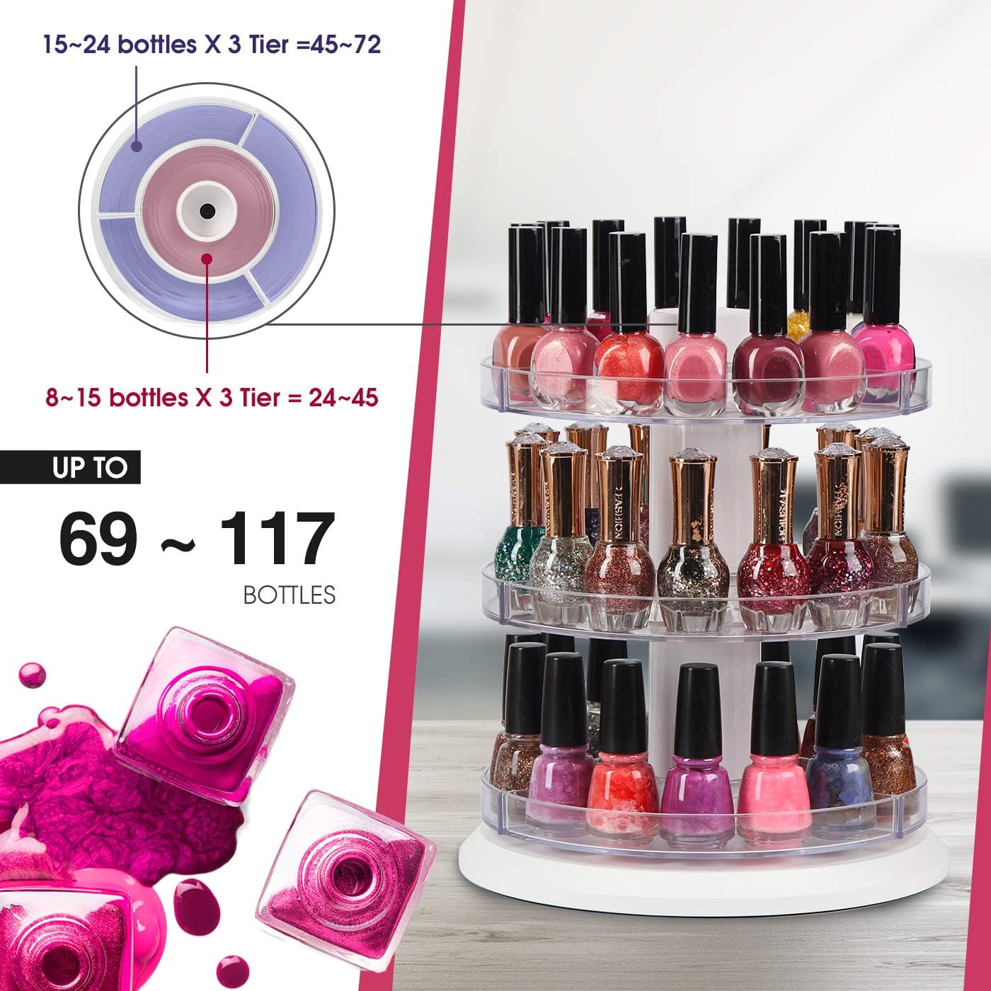 Acrylic Rotating Nail Polish Display Stand - 3-Tier Spinning Rack Holds 69-117 Bottles | Makeup & Essential Oil Organizer