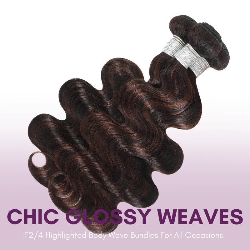 AUROO 12A Brown Body Wave Bundles Human Hair, 100% Virgin Brazilian Real Hair Wavy Weave Color #F2/4 Rich Dark Brown with Chestnut Ombre Highlights Human Hair Single Bundles Thick Track Sew in 14 Inch