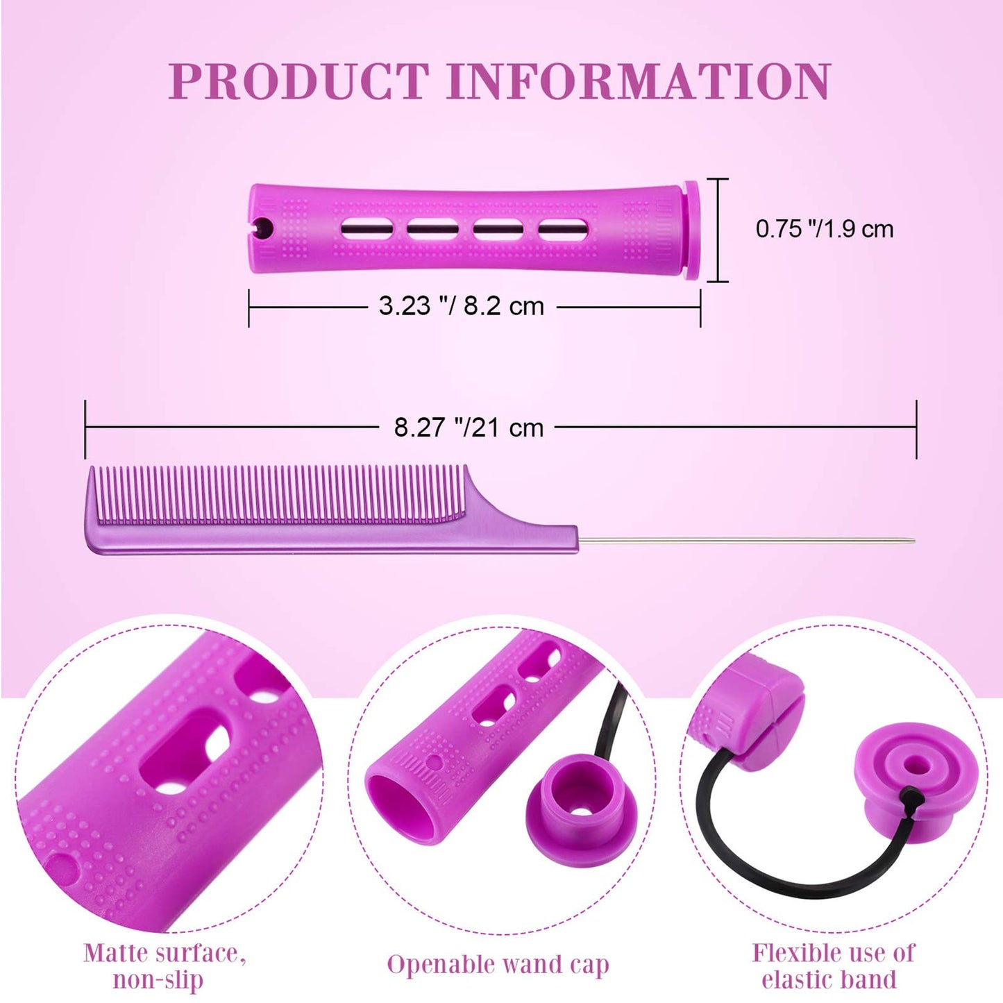 Chuangdi 24 Pcs Hair Perm Rods Plastic Cold Wave Perming Curlers Hair Rollers with Steel Pintail Comb Rat Tail Comb Tools for Hairdressing Styling(Purple,0.75 Inches)