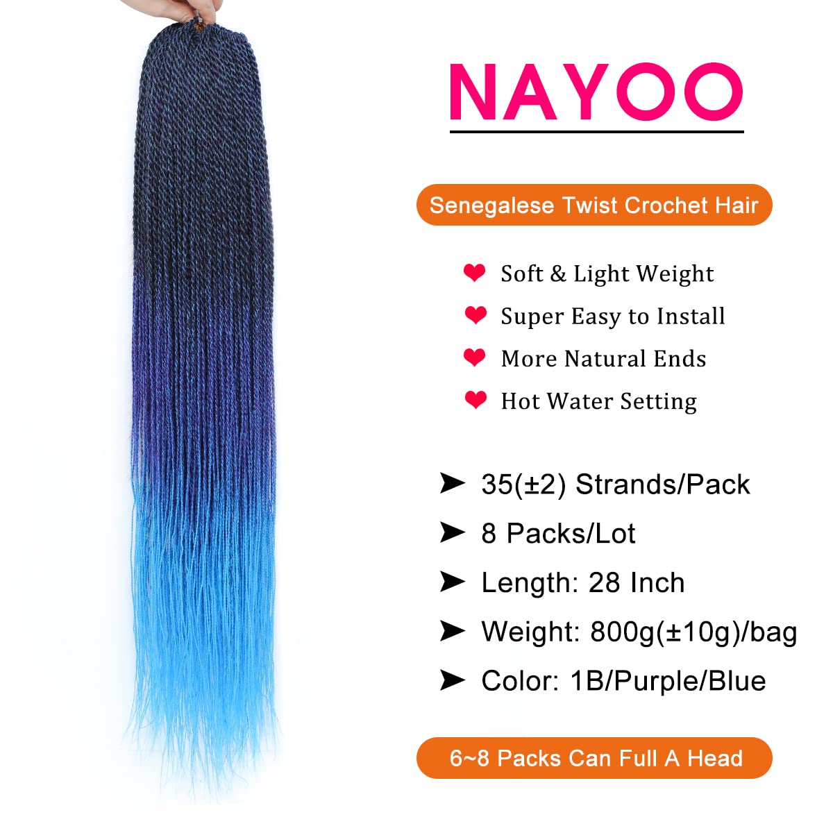 NAYOO Crochet Hair Senegalese Twist, 28 Inch 8 Packs Small Crochet Hair, 35 Strands/Pack Crochet Braids Hair for Black Women, Crochet Twist Hair Hot Water Setting (28 Inch, 1B/Purple/Blue)