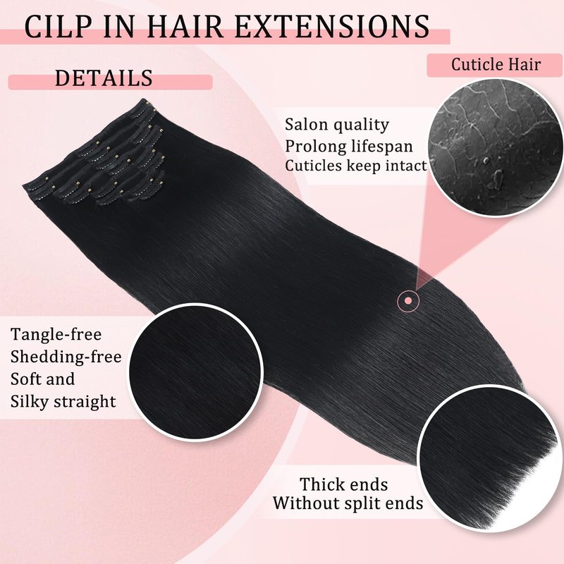 Clip in Hair Extensions Real Human Hair Clip in Extensions for Women Seamless Invisible Jet Black Natural Remy 100% Human Clips ins Extension 8pcs Double Weft 16 inch 3.2oz/90g