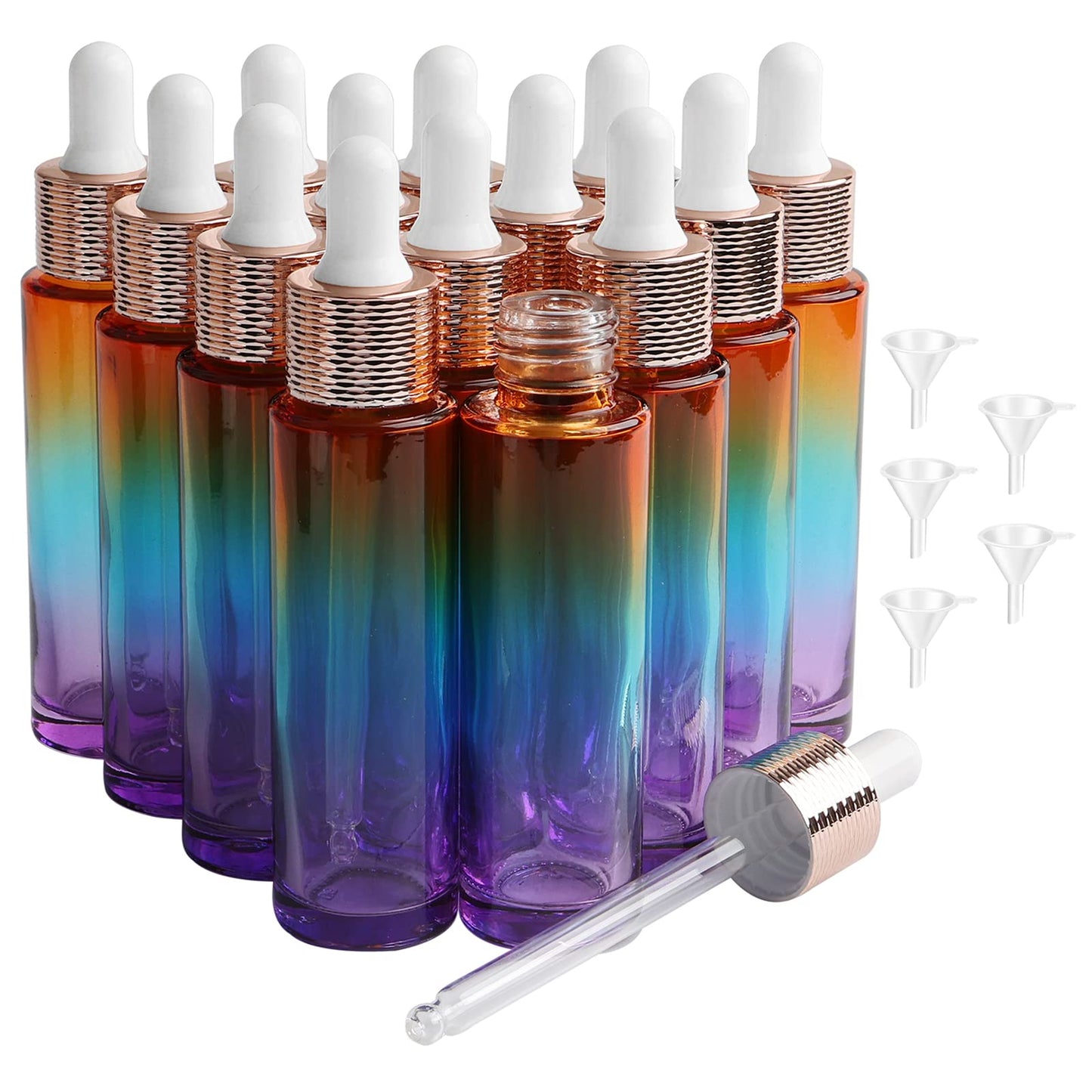 Kesell 30ml Glass Dropper Bottles, Empty Perfume Bottles Containers for Essential Oil, DIY Cosmetic Storage (Pack of 14, with Funnel), Rainbow Color