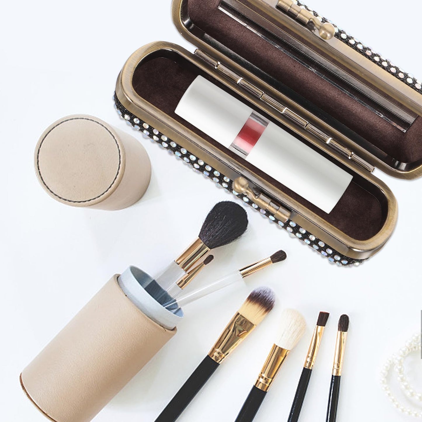 ABOOFAN Lipstick Case with Mirror Portable Lipstick Holder Rhinestone Cosmetic Storage Box Compact Travel Organizer 3.93X1.77X1.18In