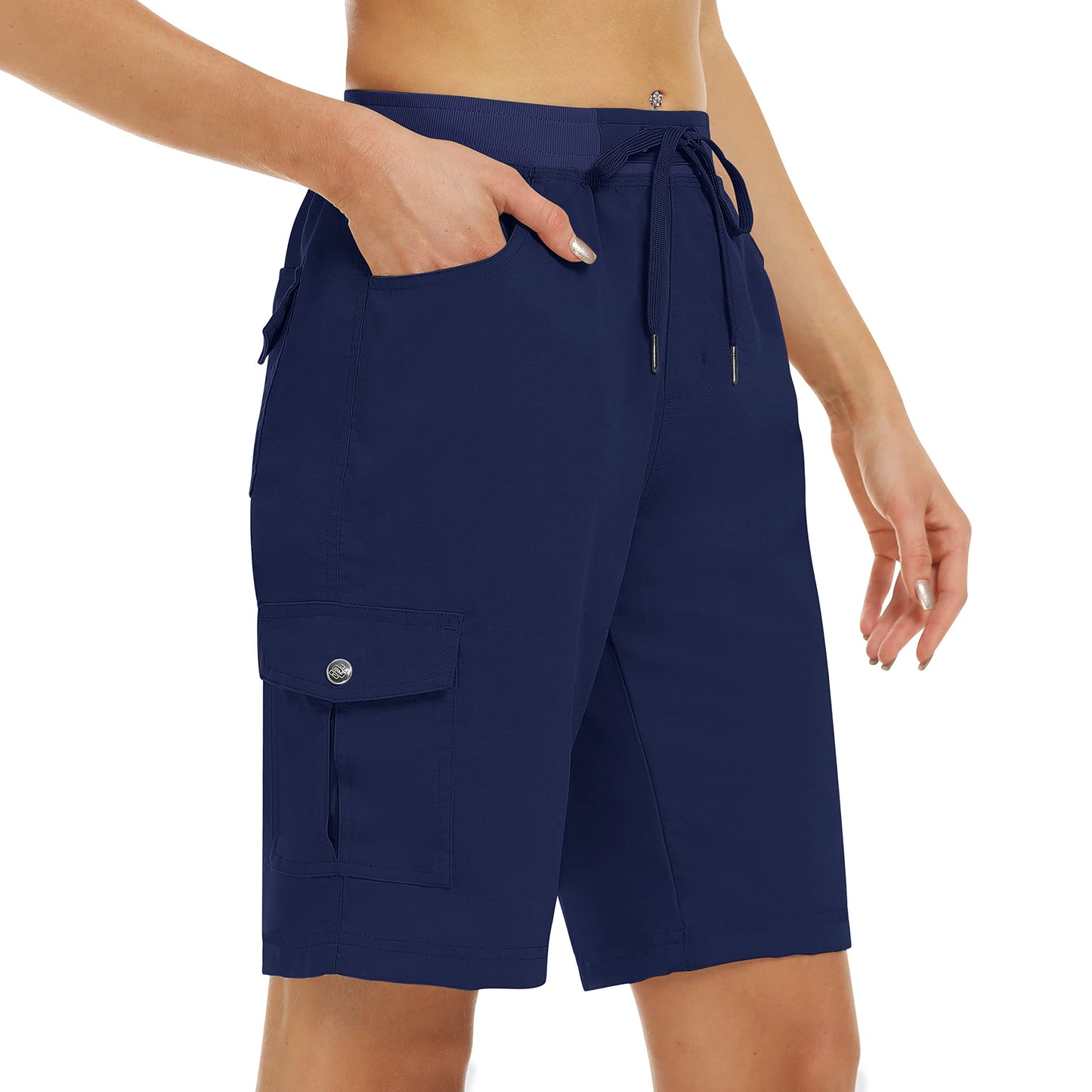 MoFiz Women's 10" Hiking Cargo Shorts Stretch Active Running Long Shorts Quick Dry Outdoor Running Summer Shorts with Pockets Navy L