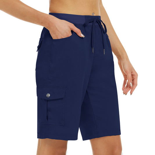 MoFiz Women's 10" Hiking Cargo Shorts Stretch Active Running Long Shorts Quick Dry Outdoor Running Summer Shorts with Pockets Navy L