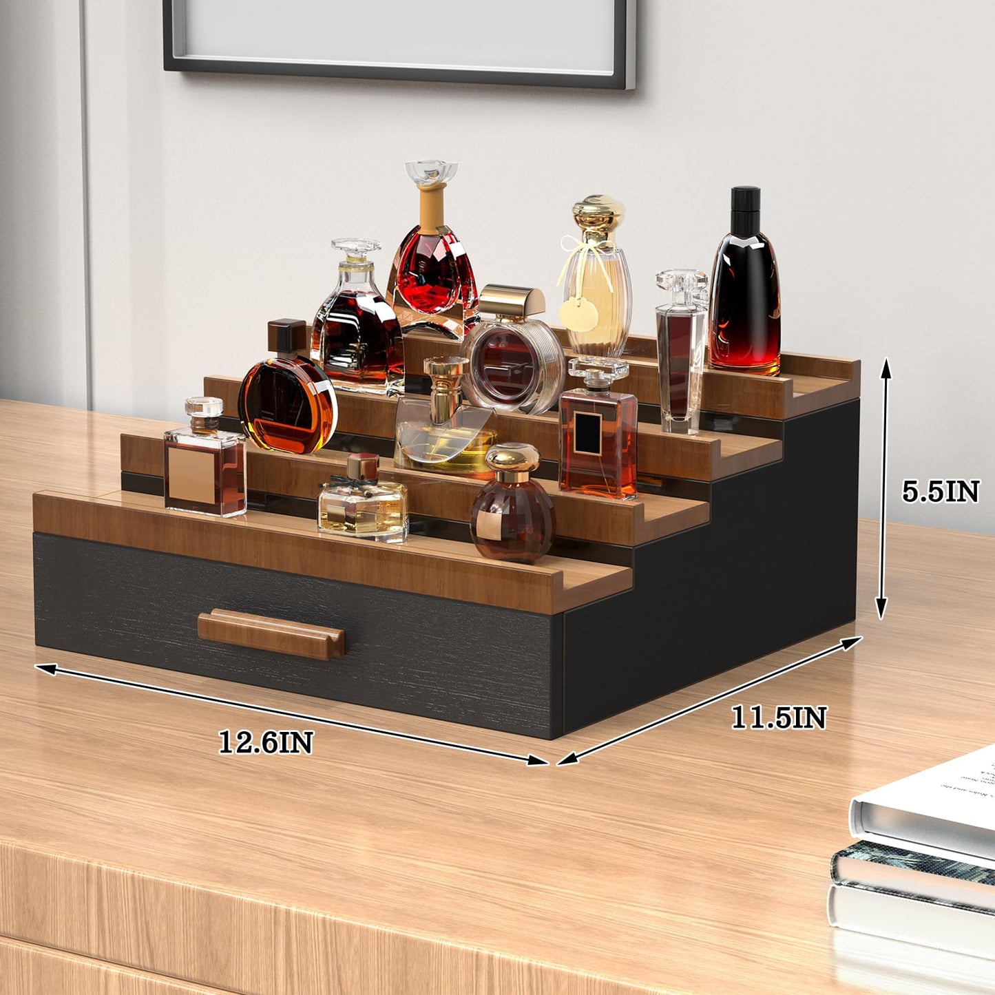 Zaldia Wooden Cologne Organizer for Men 4 Tier of Perfume Display Holder of Drawer & 2 Hidden Compartments Larger Storage Space Mens Perfume Organizer Shelf Stand,Gift for Man (4T-Black Walnut)