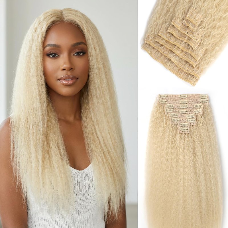 Kinky Straight Clip-In Hair Extensions - 24 Inch 200G 8PCS | 100% Pure Protein Fiber, Blonde Yaki Style