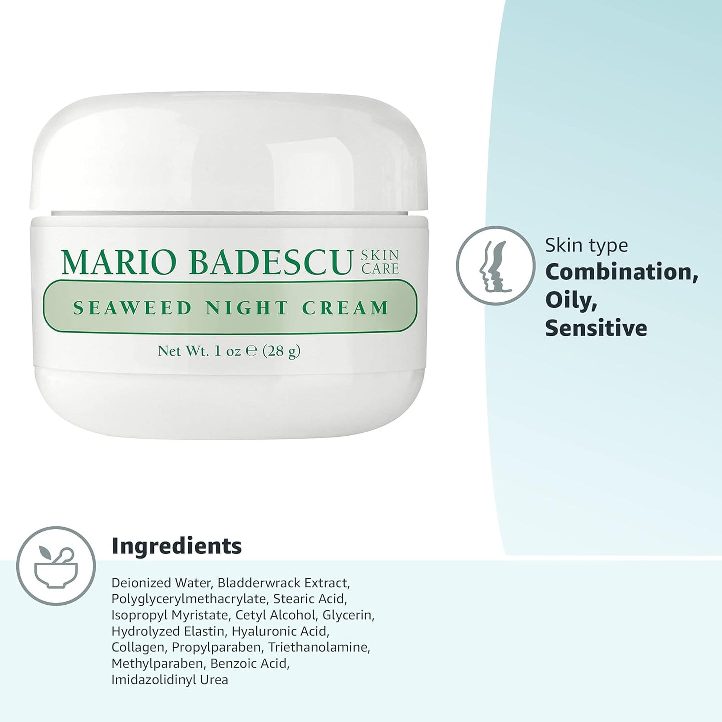 Mario Badescu Seaweed Night Cream - Anti-Aging Oil-Free Moisturizer with Collagen & Sodium Hyaluronate | Ideal for Combination Skin