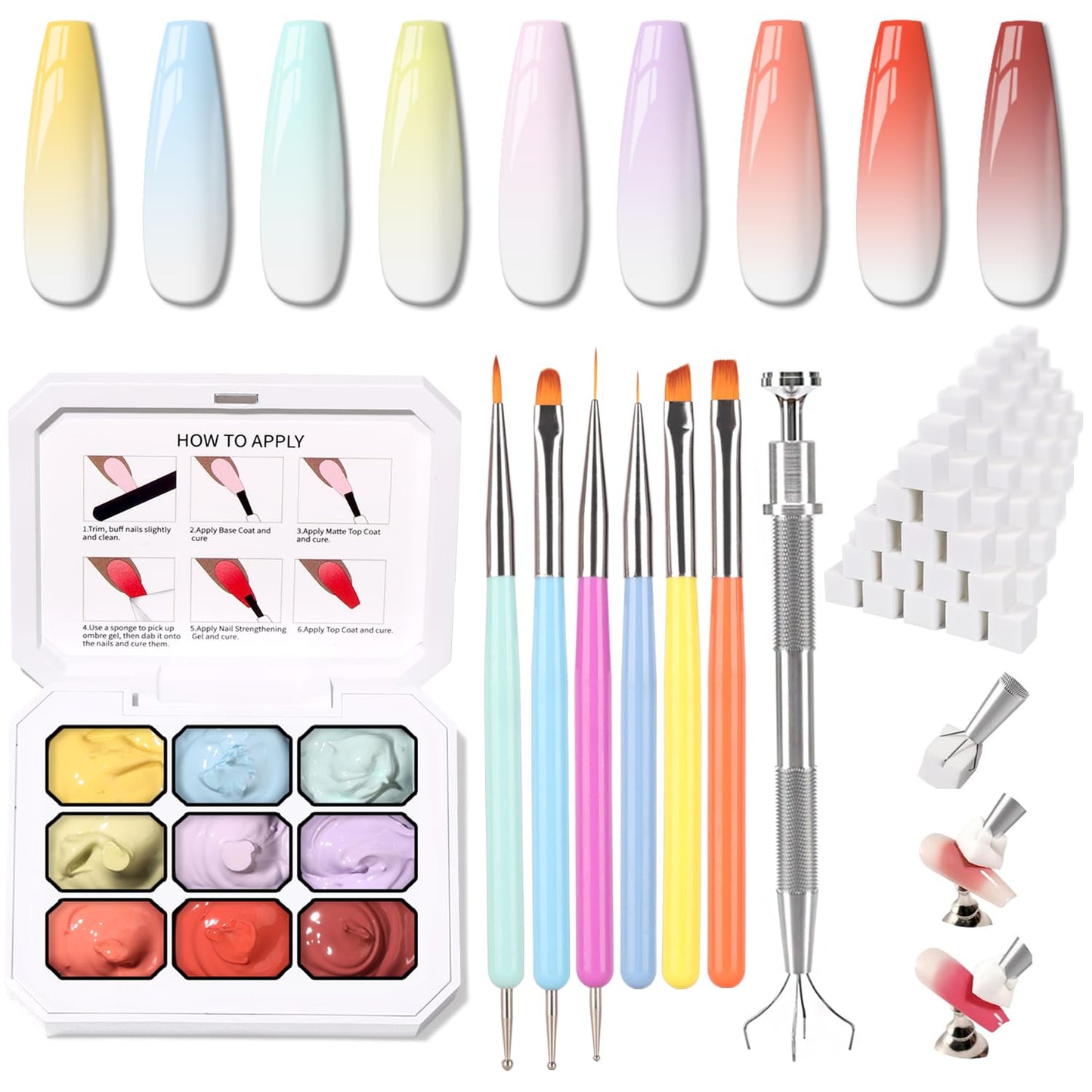 Ombre Nail Gel Set - 9 Colors Sponge Pat Paint for Floral Nail Art, No Wipe, UV/LED Curing