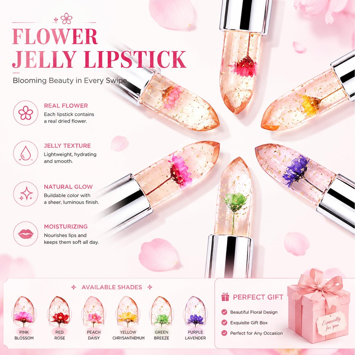 Pack of 6 Crystal Flower Jelly Lipstick, Long Lasting Nutritious Lip Balm Lips Moisturizer Magic Temperature Color Change Lip Gloss, Birthday Day Gifts, Bridesmaid Gifts, Bulk Gifts for Women(Pink)