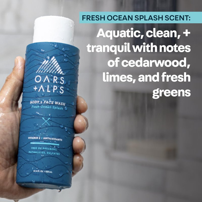 Oars + Alps Body Wash for Men, Mens Body Wash & Face Cleanser with Vitamin E & Antioxidants, Moisturizing, Paraben & Sulfate Free Cleanser, Fresh Ocean Splash, 1pk