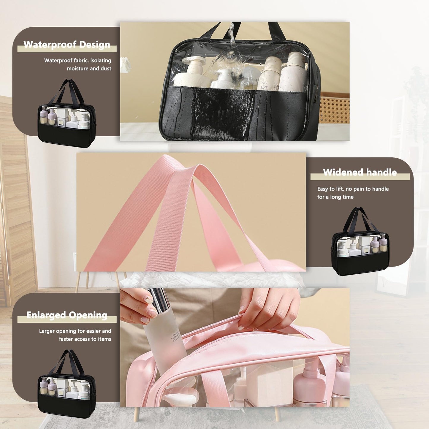 Realand Large Clear Toiletry Bags for Traveling, 4Pcs Waterproof Clear Travel Bags for Toiletries Women Men, Travel Toiletry Bag Set, Transparent Makeup Cosmetic Bag, Black