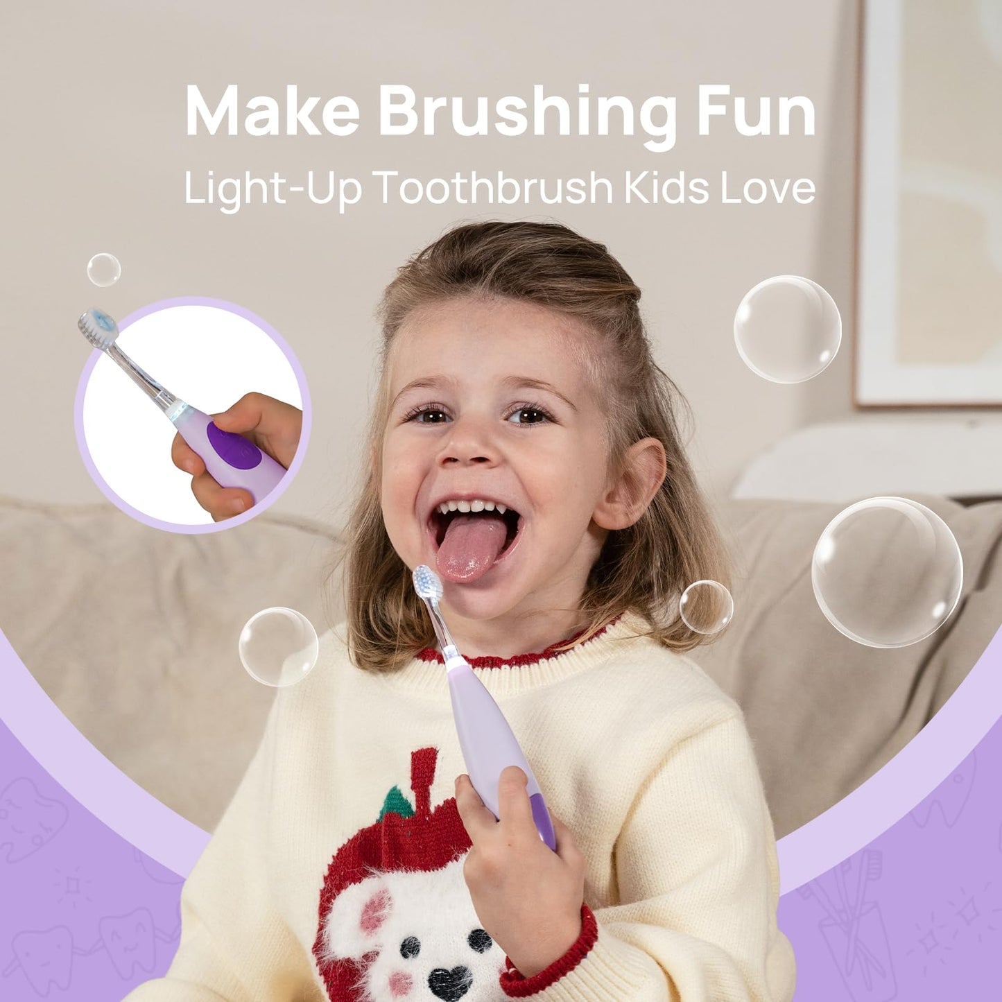 Papablic Kids Electric Toothbrush for Ages 4+ Children Girls and Boys, USB Rechargeable with Smart Brushing Timer, LED Light & 4 Replacement Brush Heads, Purple