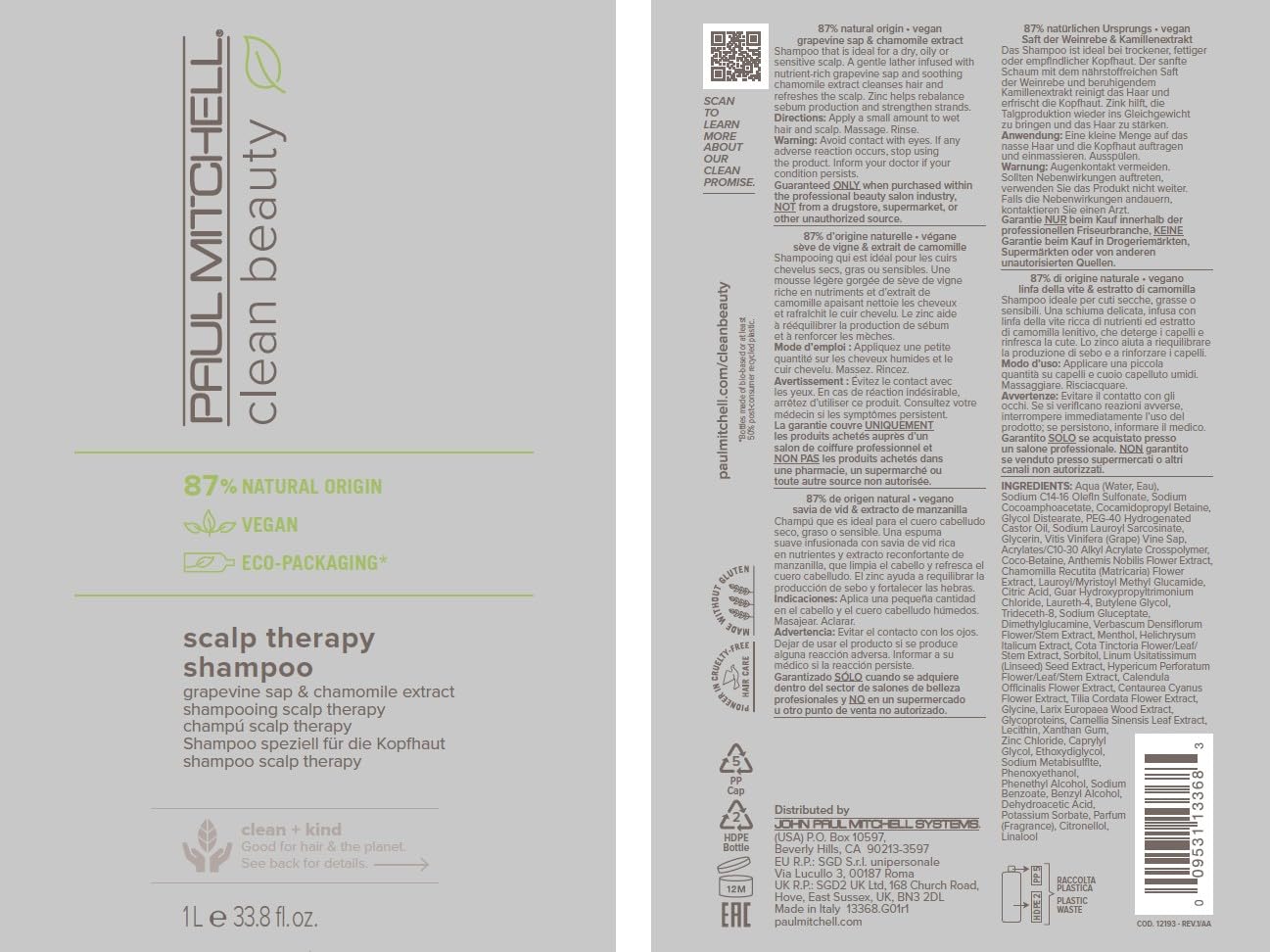 Paul Mitchell Clean Beauty Scalp Therapy Shampoo, Gently Conditions + Cools All Hair Types, Especially Dry, Oily + Sensitive Scalps, 33.8 fl. oz.