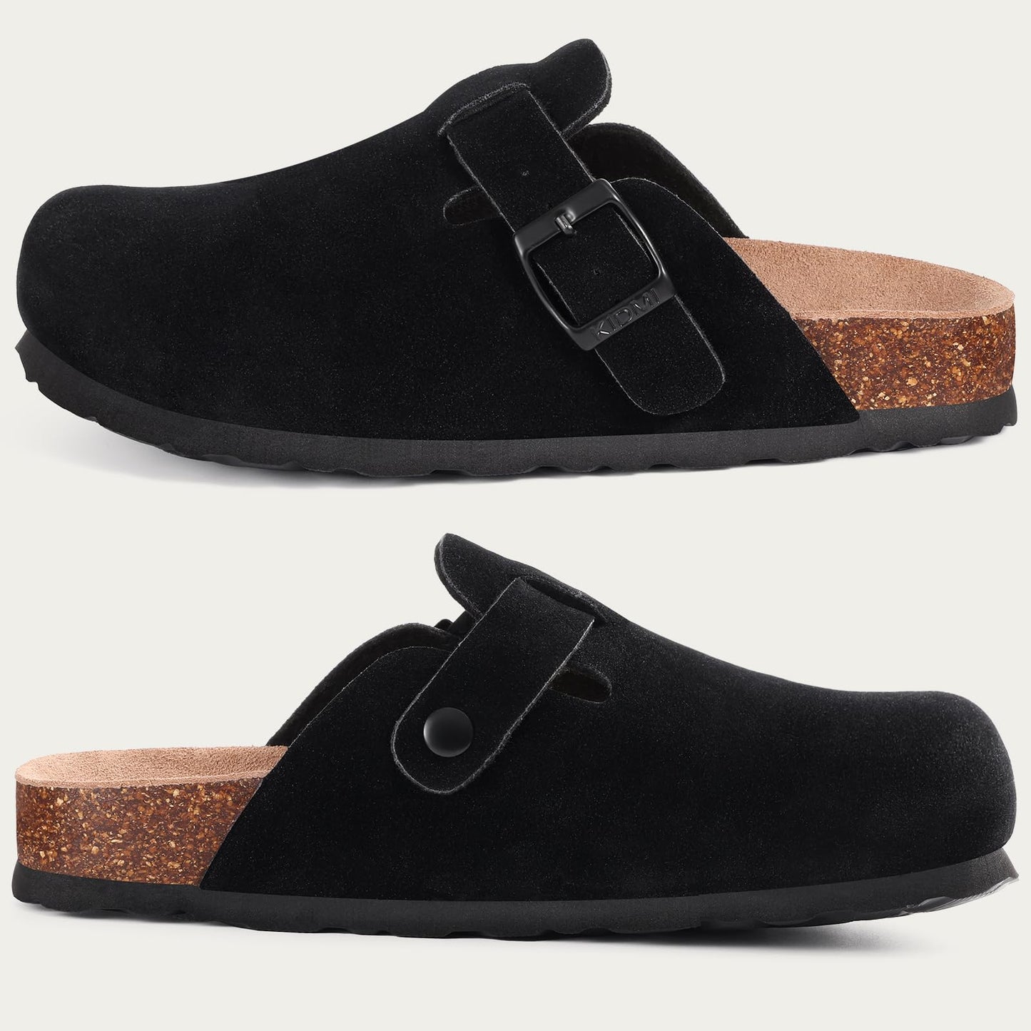 KIDMI Unisex Vegan Suede Clogs Leather Mules Womens Mens Cork Footbed Potato Shoes with Arch Support, Vegan Suede Black, Size 37