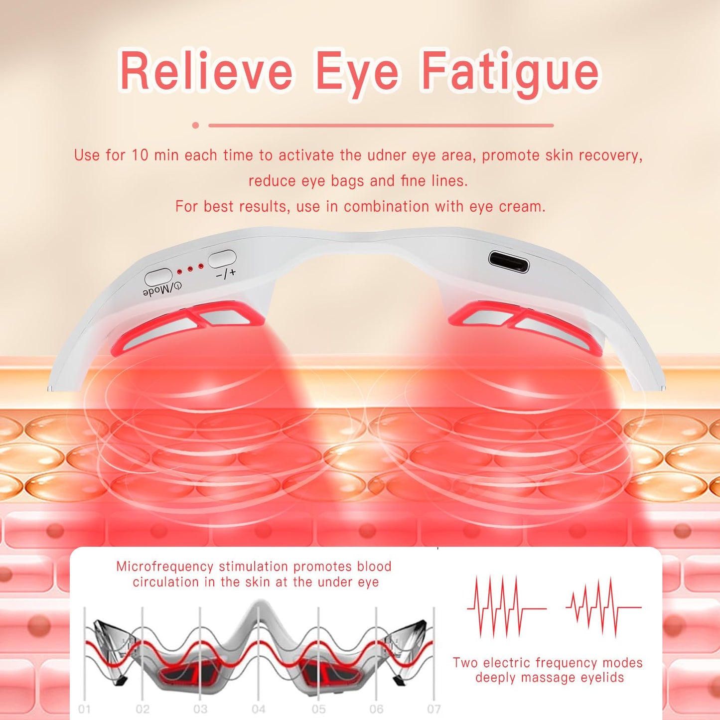 Under Eye Red Light Therapy Device - 3D Surround Massager Glasses for Eye Bags & Puffiness Appearance - Hands-Free Beauty Tool for Reading & Relaxing, 3 Microcurrent Intensities