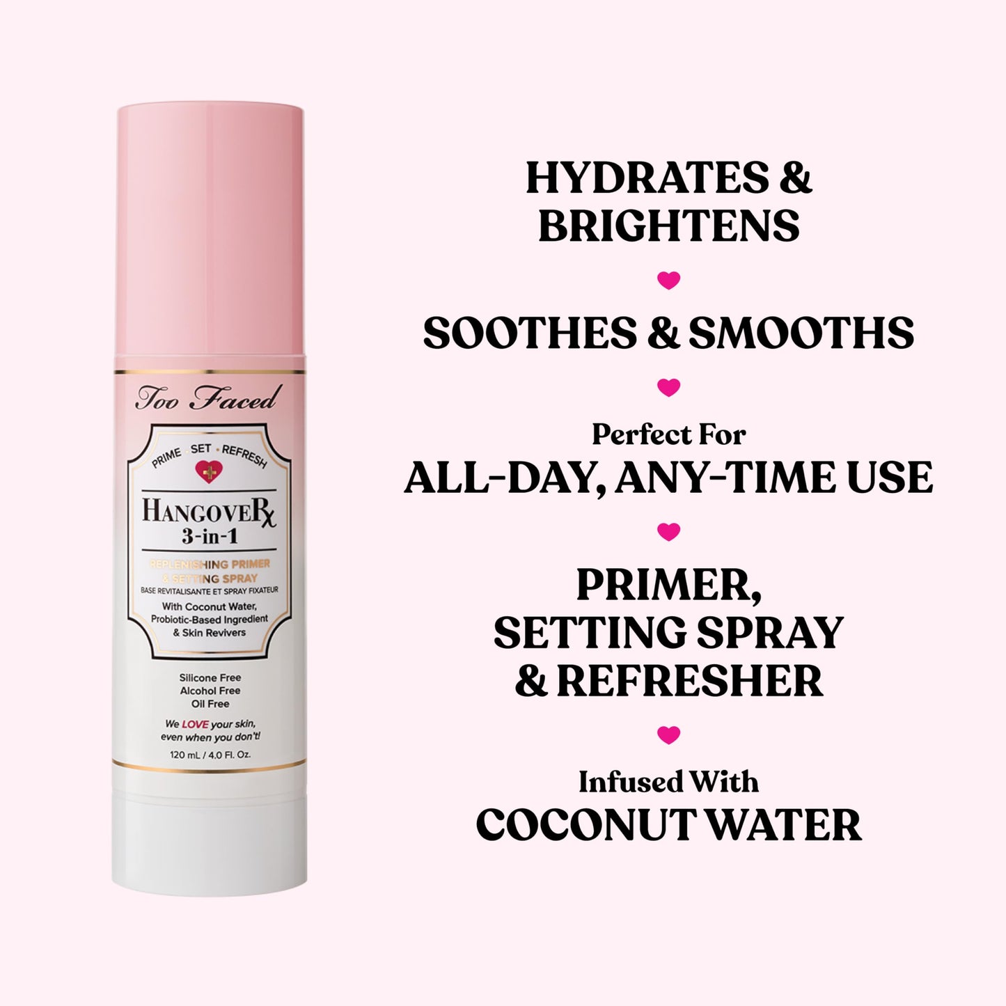Too Faced Hangover 3-in-1 Primer & Setting Spray | Soothing & Hydrating Setting Spray for Face Makeup | Coconut Water | 4 Fl Oz, Clear