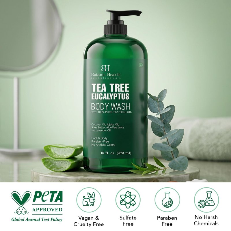 Botanic Hearth Eucalyptus & Tea Tree Body Wash – Refreshing & Invigorating Shower Gel for Men & Women, Helps Soothe Skin, Sulfate & Paraben Free – 16 fl oz