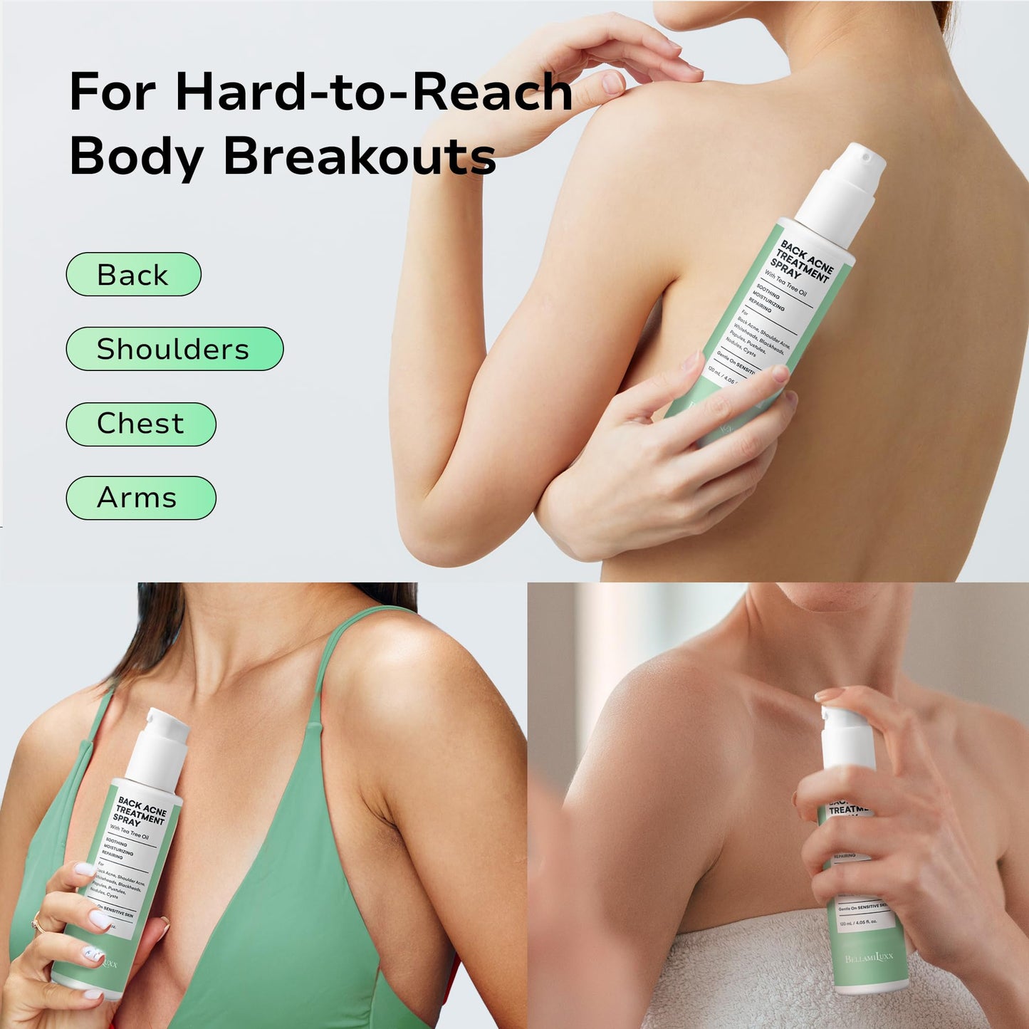 BellamiLuxx Back & Body Acne Treatment: 2% Salicylic Acid Back Acne Spray for Clear, Soothe & Moisturize - Effective Bacne Treatment with Tea Tree Oil, Body Acne Spray for Men, Women & Teens