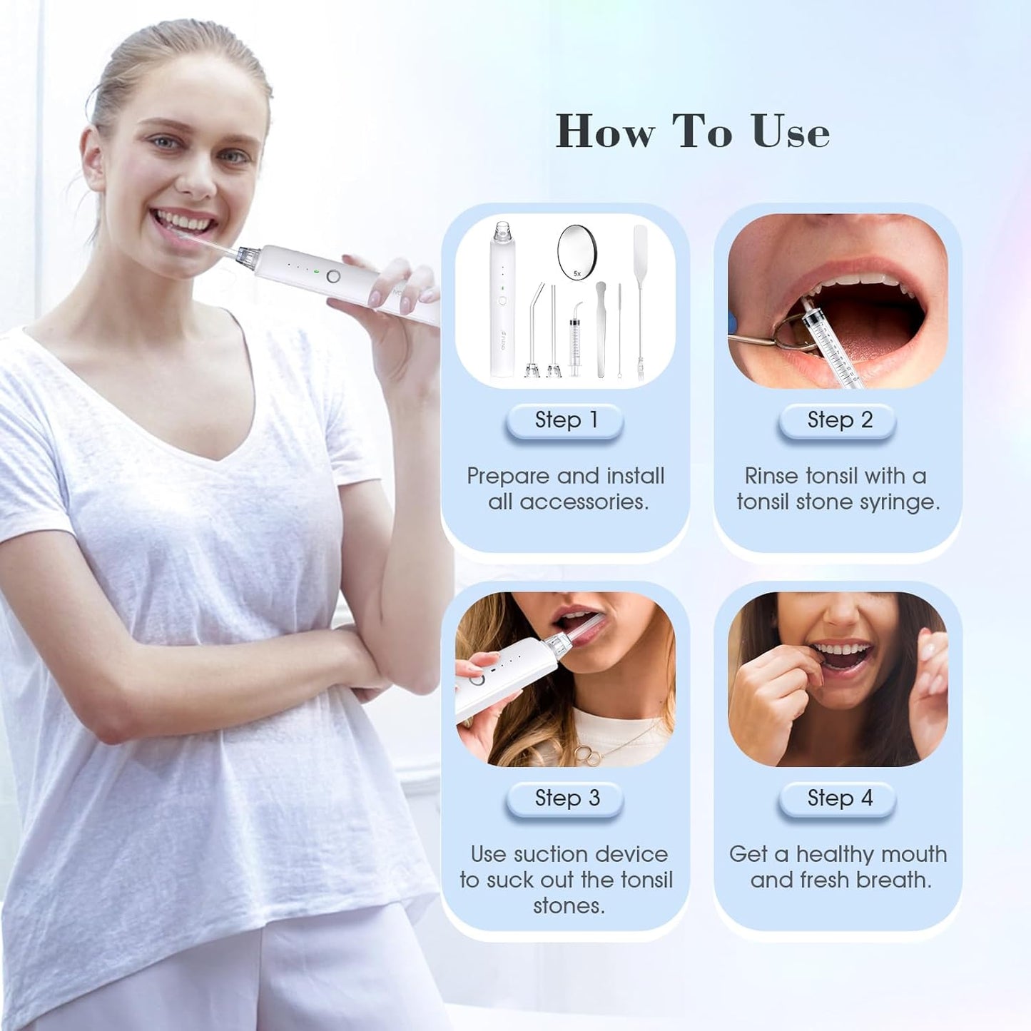 Tonsil Stone Remover Vacuum - 5X Magnifying Mirror, 3 Modes & LED Light | Oral Care Water Flosser