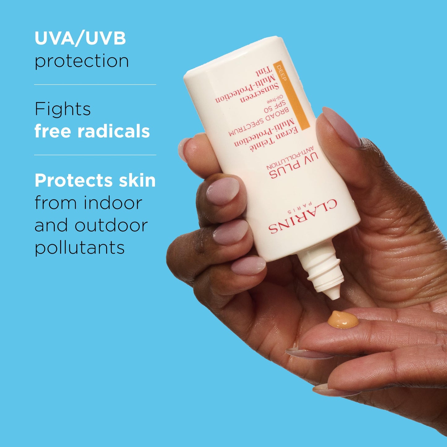 Clarins UV Plus Anti-Pollution, Broad Spectrum SPF 50 Tinted Face Sunscreen | Sheer Finish | Lightweight and Oil-Free | Triple Protection From UVA/UVB Rays, Free Radicals and Pollutants | Shade Deep