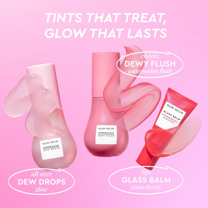 Glow Recipe Watermelon Glow Skin Care Set, Best of Dews & Hues - Full Size Niacinamide Dew Drops, Full Size Dewy Flush Watermelon Blush & Full Size Glass Balm Lip Treatment (3 Count)