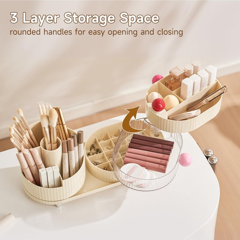 UFORU Makeup Organizer Countertop for Vanity with 360° Rotating Brush Holder, 3 Layer Cosmetic and Jewelry Storage, Makeup Display Case for Skincare&Perfume (Cream White)