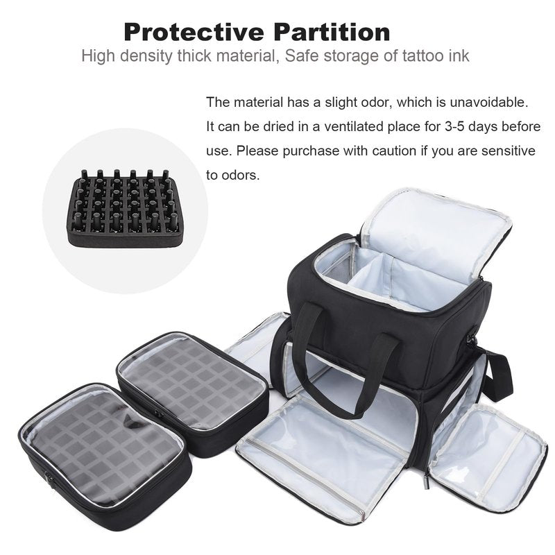 NATUMER Large Tattoo Case Tattoo Travel Case with 2 Inner Removable Pouches- Waterproof Oxford Fabric Tattoo Travel Storage Bag for Large Tattoo Stencil Printer and Tattoo Supplies (Black Bag Only)