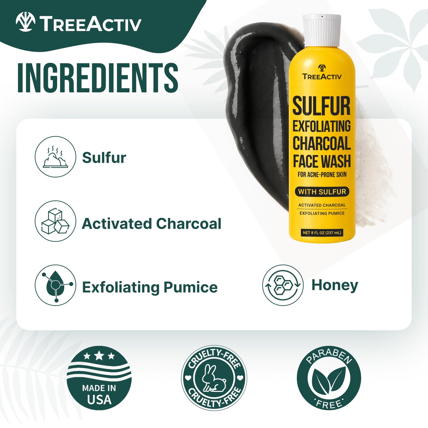 Sulfur 10% Exfoliating Charcoal Acne Face Wash, 8 Fl Oz, Face Wash for Men & Women, Sulfur Acne Wash for Acne, Activated Charcoal & Pumice, Foaming Daily Women & Men's Face Wash