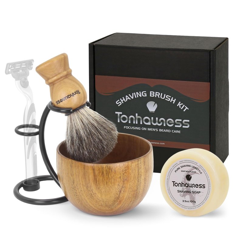Shaving Brush Kit For Men, 4 In 1 Shaving Brushes Set Includes Badger Hair Shaving Brush, Wood Bowl, Stainless Steel Shaving Stand and Goat Milk Shaving Soap