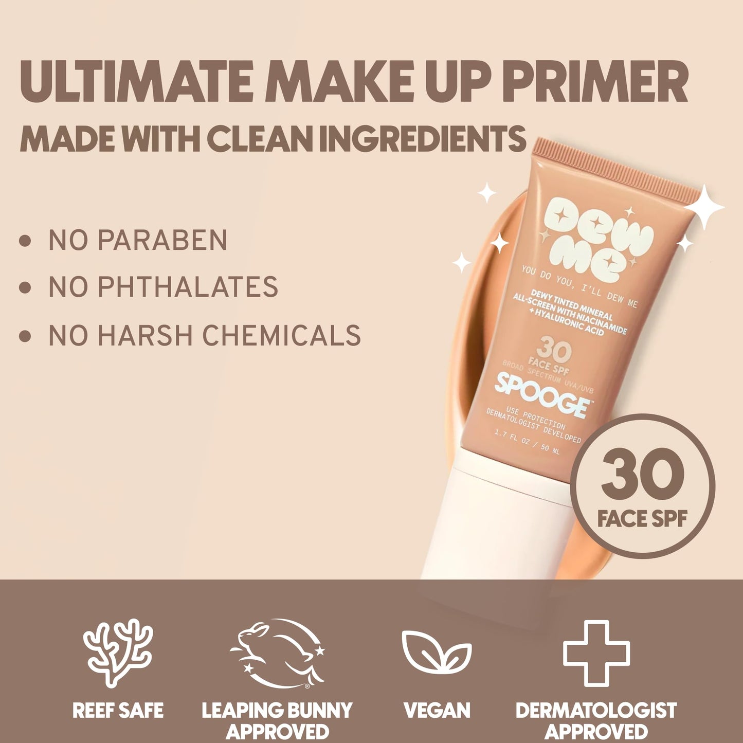 Spooge Dew Me | Tinted Mineral Sunscreen SPF 30 | Zinc Oxide Sunblock | Tinted Sunscreen For Face & Body | Golden Glow Dewy Finish | Dermatologist Developed Formula | Reef Safe Sunblock | 1.7oz