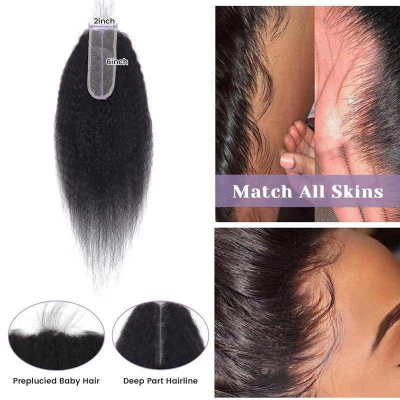Kinky Straight Lace Closure - 2x6 HD Transparent Human Hair | Natural Black, 14 Inch Long Parting
