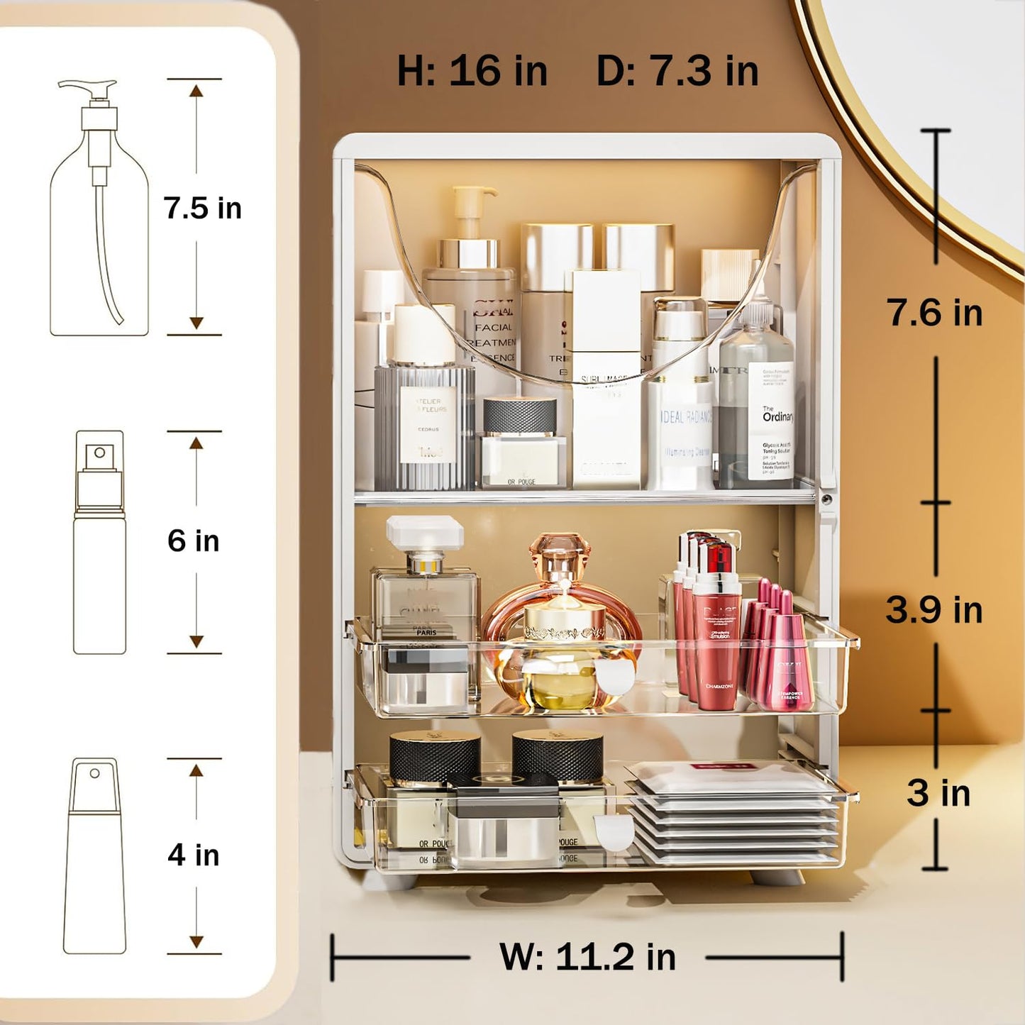 MORNITE Makeup Organizer with Drawers for Vanity & Bathroom, Cosmetic Storage Cabinet for Skincare, Beauty, Brushes, Perfume. Large Countertop Display Case with Cover Lid, Cream White